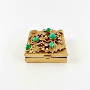 Vintage Brass Pill Box Chinese Dragon and Temple w/ Stones Detail